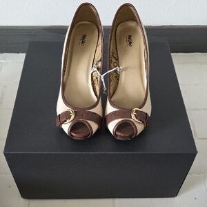 Massimo Beige and Brown Peep-Toe Wedge Heels